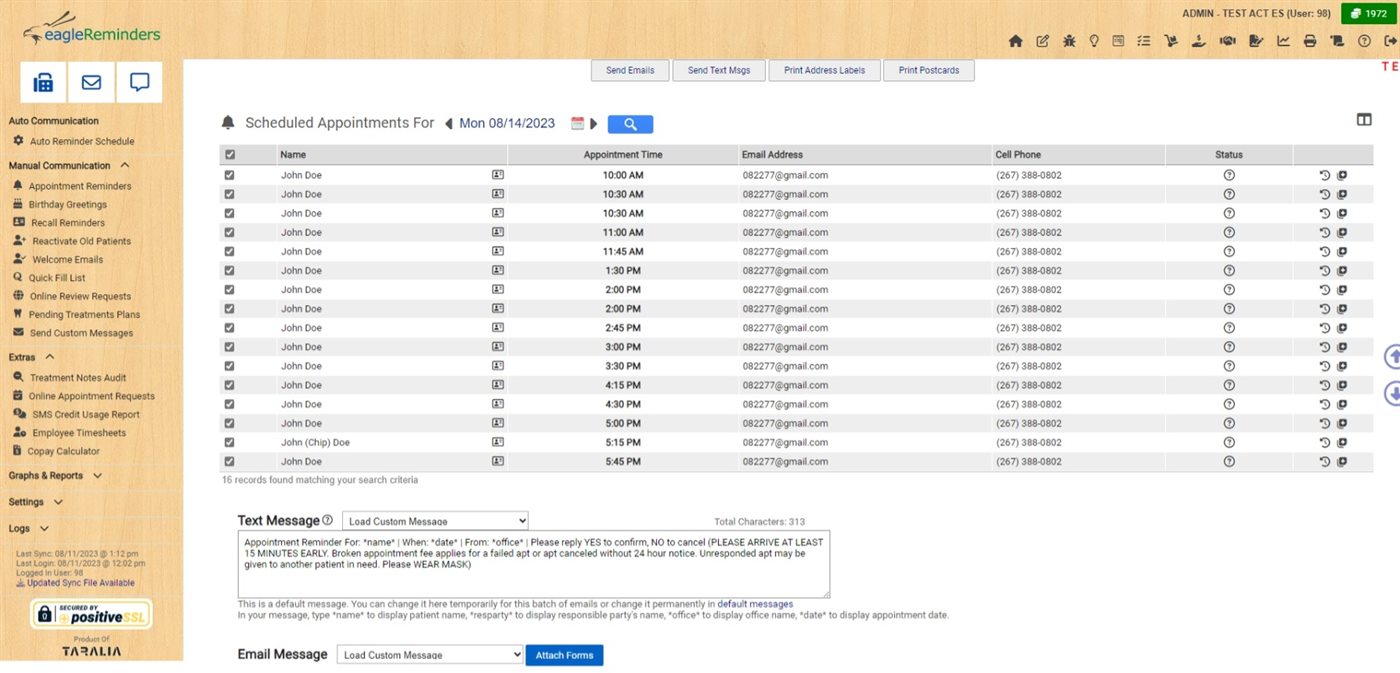 eagleReminders dashboard listing the day's scheduled appointments with reminder options