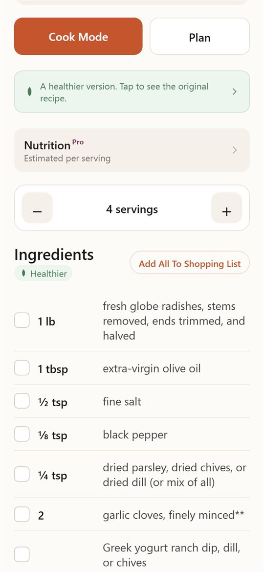 RecipeGo recipe screen with Cook Mode, servings and an ingredient checklist